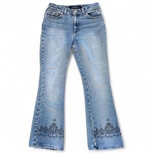 Anchor blue flared denim jeans with boho design